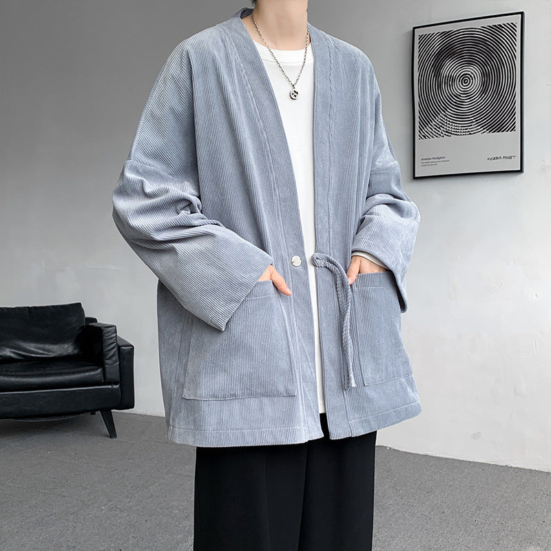 Herren nan oversized Cord-Kimono-Cardigan mit Kordelzug, aufgesetzten Taschen und Tropfenärmeln Drune