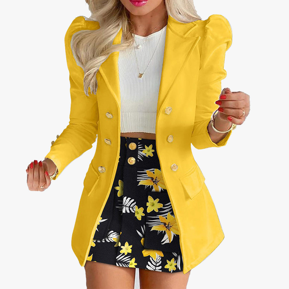 Damen Taillierter Doppelreihiger Blazer mit Puffärmeln und goldenen Zierknöpfen Drune