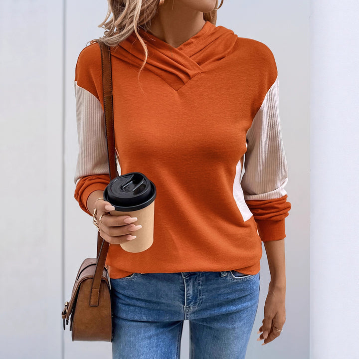 Damen Lässiger Kapuzenpullover mit V‑Kragen, Kontrastärmeln und Rippbündchen Drune