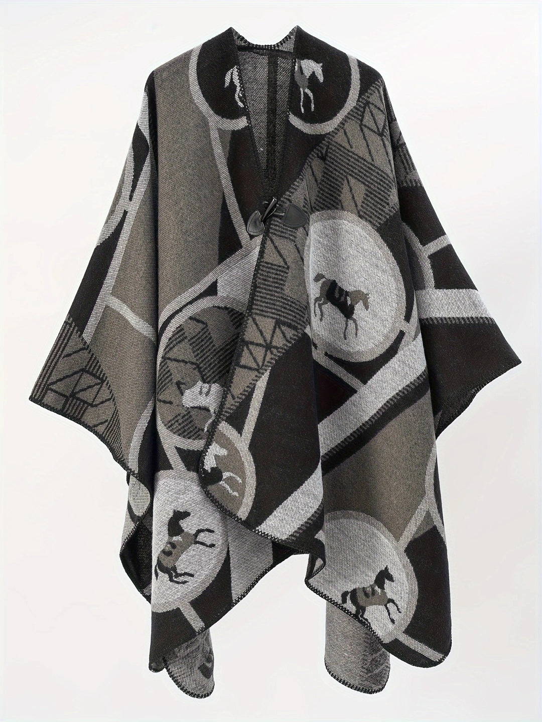 Damen Wollmix-Jacquard-Ruana mit Pferdemotiv, Knebelverschluss und offener Kimono-Silhouette Drune