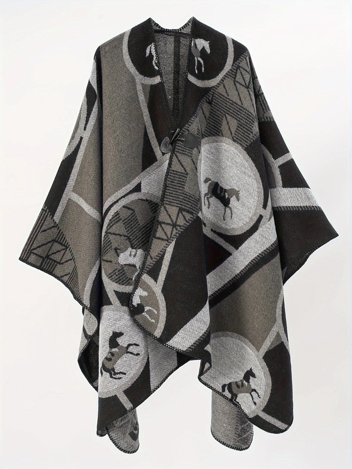 Damen Wollmix-Jacquard-Ruana mit Pferdemotiv, Knebelverschluss und offener Kimono-Silhouette Drune