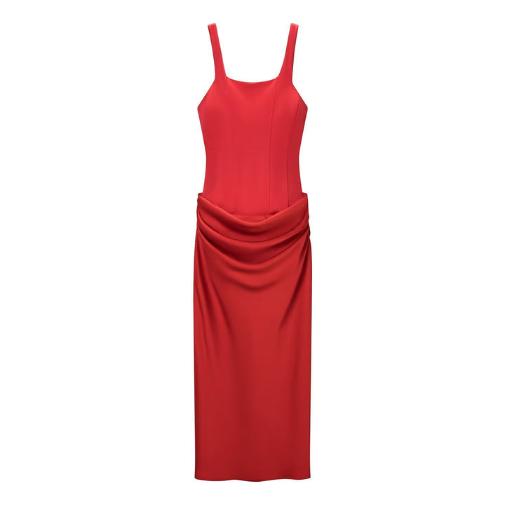 Damen elegantes Midikleid mit raffinierten Drapierungen und verstellbaren Spaghettiträgern Drune