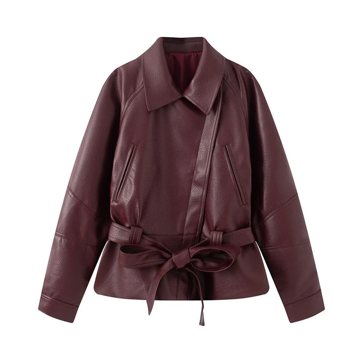 Damen nan taillierte Kunstlederjacke mit Hemdkragen und Bindegürtel Drune
