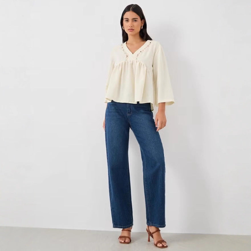 Damen Lockeres V‑Ausschnitt Blusentop mit Stickdetail und Empire‑Raffung Drune