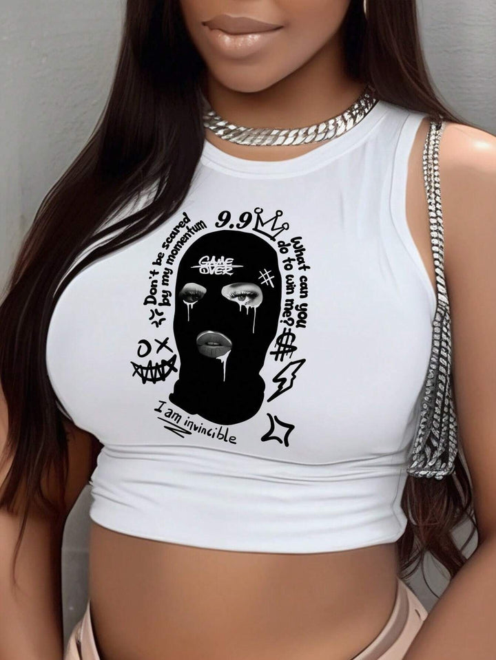 Damen Crop-Top mit modernem Grafikdruck und trendiger Schnalle Drune