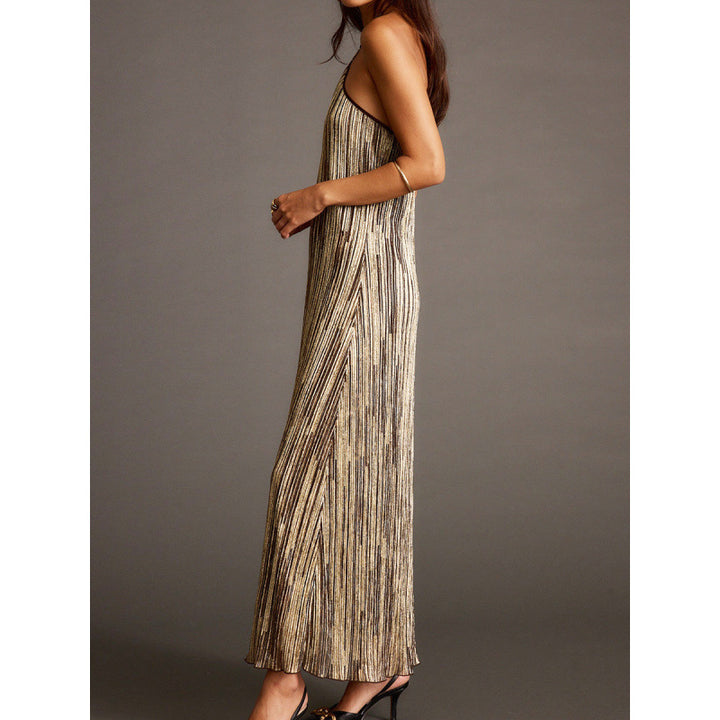 Damen Elegantes Maxikleid mit schimmerndem Streifenmuster und Rückenbindeband Drune