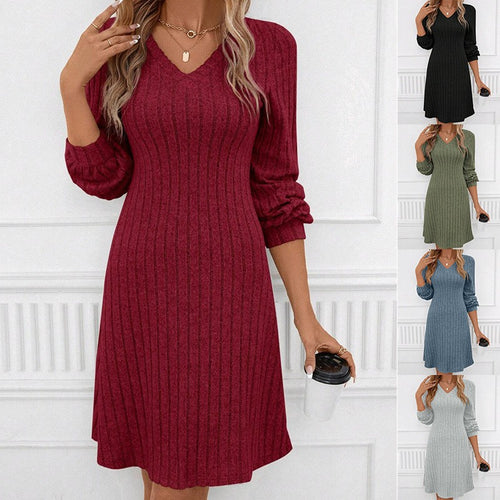Damen Strickkleid mit V-Ausschnitt und lässigen Puffärmeln Drune
