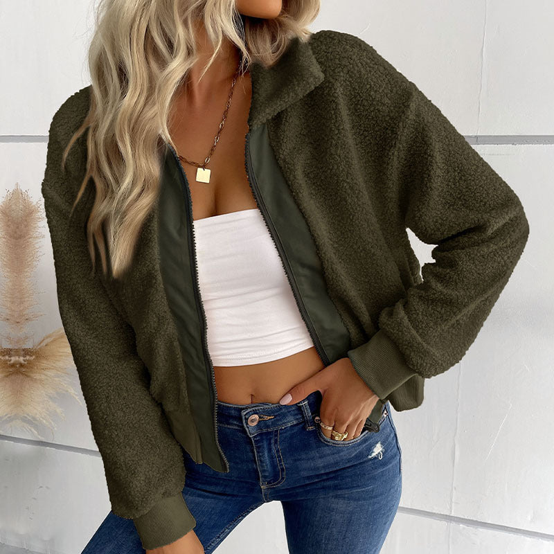 Damen Teddy-Fleece Bomberjacke mit Stehkragen, durchgehendem Reißverschluss und Rippbündchen Drune