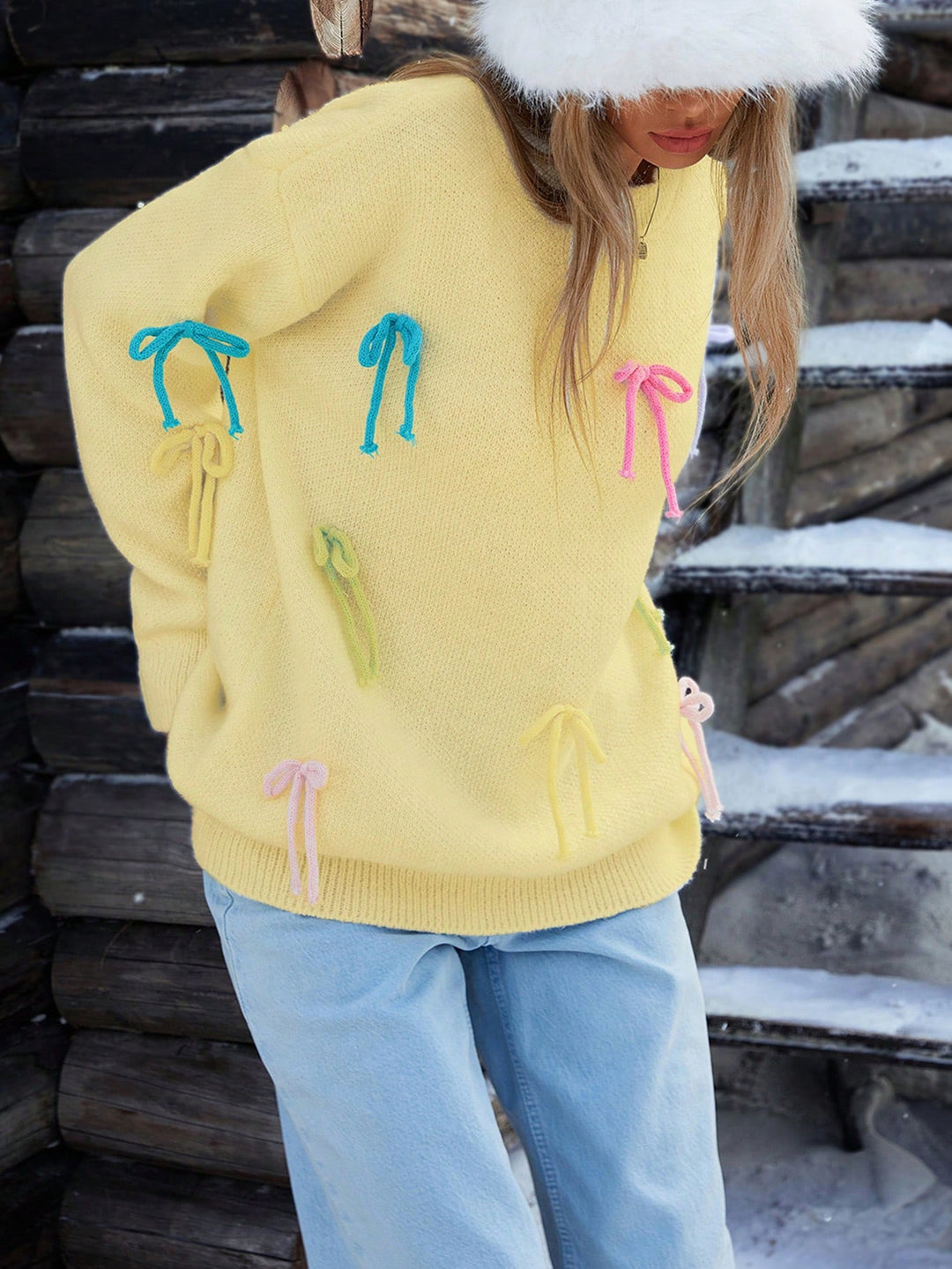 Damen Strickpullover mit verspielten Schleifenapplikationen und lässigem Schnitt Drune