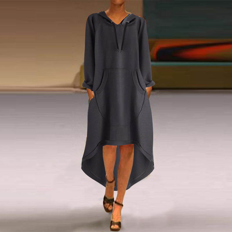 Damen nan Oversize Kapuzenkleid mit hohem Rückensaum, Kängurutasche und lässigem Streetstyle-Schnitt Drune