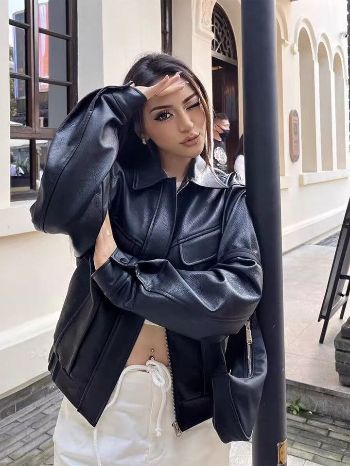 Damen Kurz geschnittene Kunstlederjacke im Boxy Cut mit voluminösen Ballonärmeln Drune