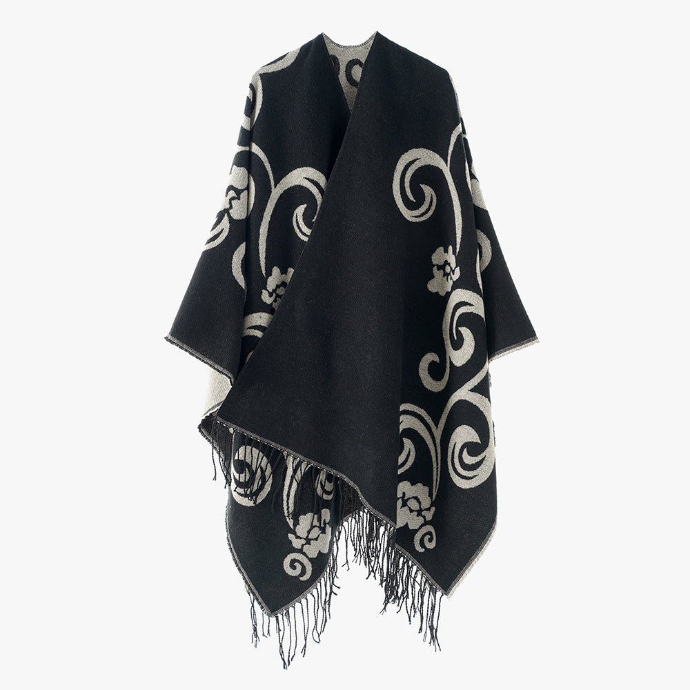 Damen Jacquard-Überwurf im Umhangstil mit Wendefunktion und Fransensaum Drune
