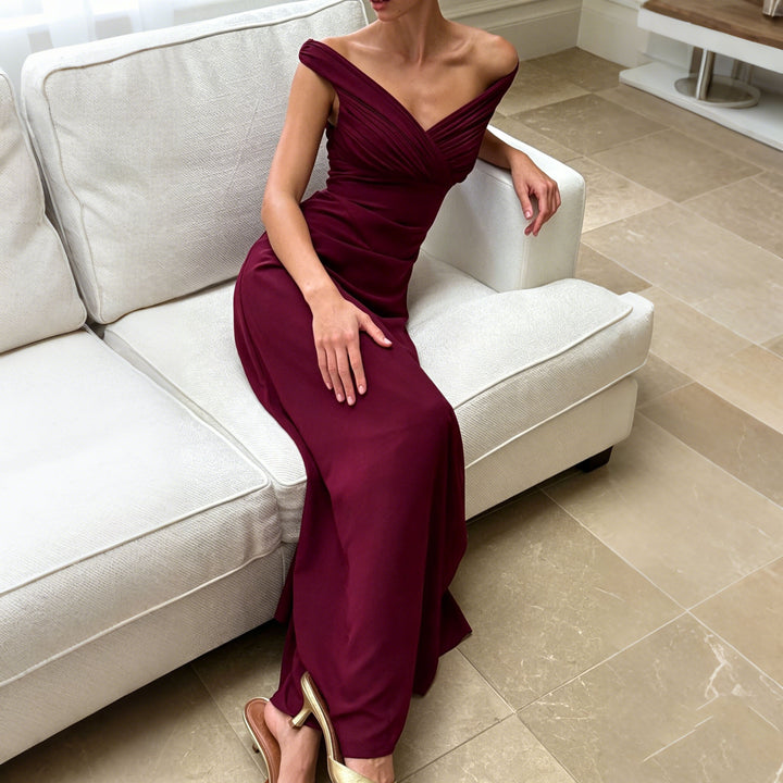 Damen Glamouröses Maxikleid mit schulterfreiem Design und eleganter Drapierung Drune