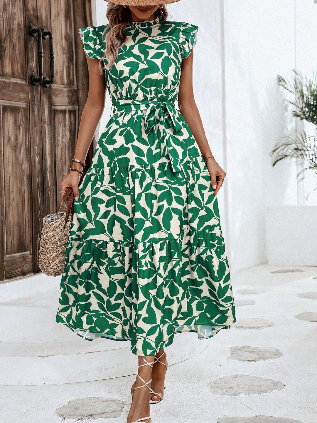 Damen Midikleid mit Stufenrock, geraffter Taillenbindung und Rüschenärmeln Drune