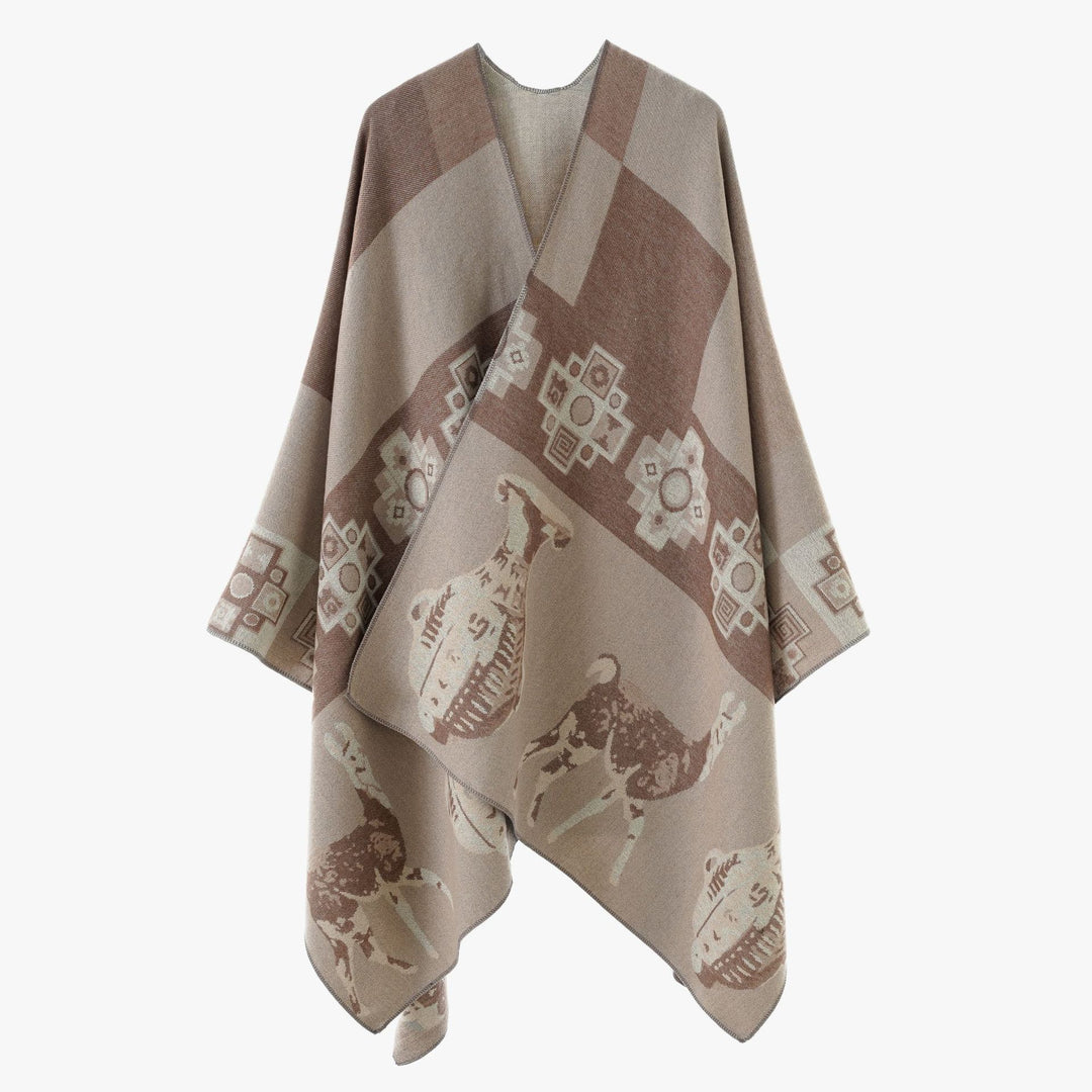 Damen Cape-Überwurf aus Jacquard-Strick mit Tier- und Ethno-Motiv Drune