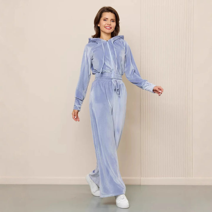 Damen luxuriöses Velours-Lounge-Set mit kurzem Reißverschluss-Hoodie und weitem Comfort-Hose Drune