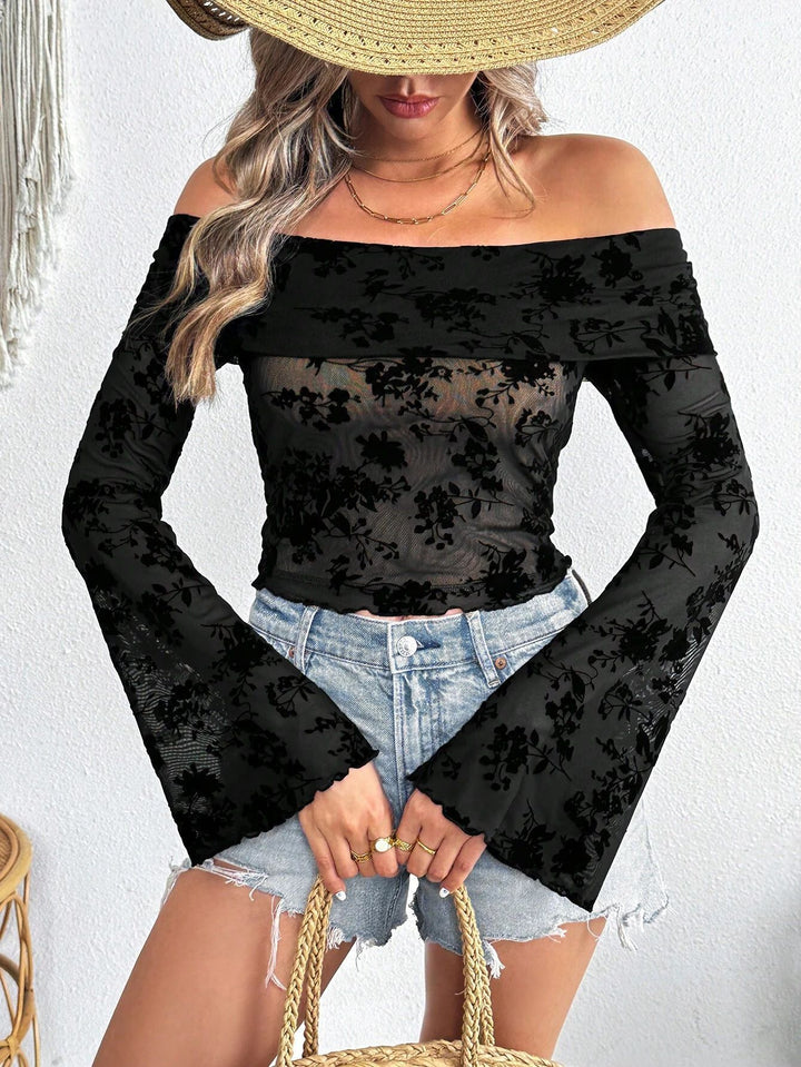 Damen nan schulterfreies Netz-Top mit floraler Samtflock-Applikation, bauchfreiem verkürztem Schnitt und Trompetenärmeln Drune