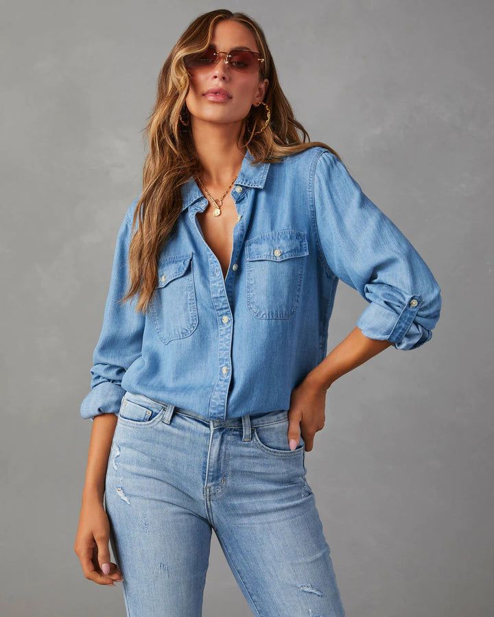 Damen Denim-Hemd mit umschlagbaren Ärmeln und zwei Brusttaschen Drune