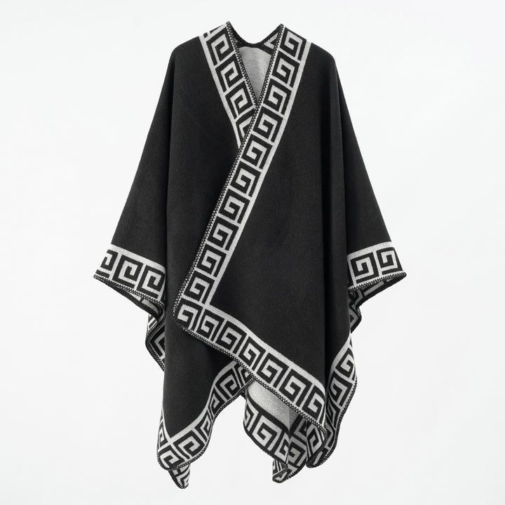 Damen Cape‑Poncho mit Mäander‑Bordüre und Wollmix‑Qualität Drune