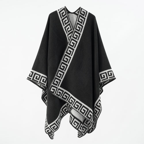 Damen Cape‑Poncho mit Mäander‑Bordüre und Wollmix‑Qualität Drune