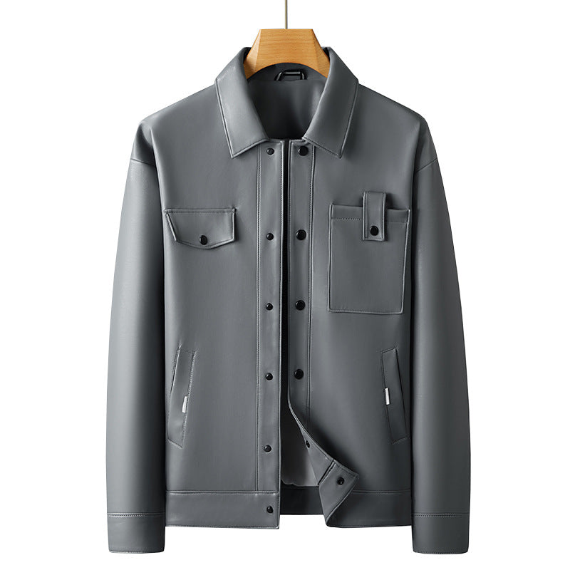 Herren Minimalistische Lederimitat-Utility-Jacke mit Druckknopf-Verschluss und Mehrfachtaschen Drune