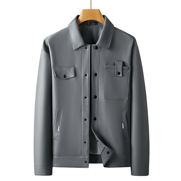 Herren Minimalistische Lederimitat-Utility-Jacke mit Druckknopf-Verschluss und Mehrfachtaschen Drune