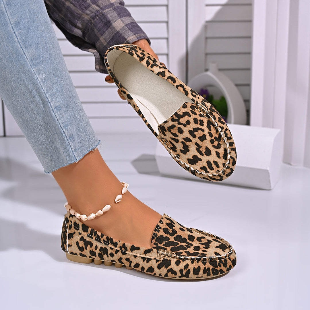 Damen Chic Leopardenmuster Mokassins mit dekorativem Kettendetail Drune