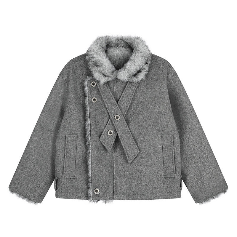 Damen Kurz geschnittene Wolljacke mit Kunstfellbesatz und asymmetrischer Knopfleiste Drune