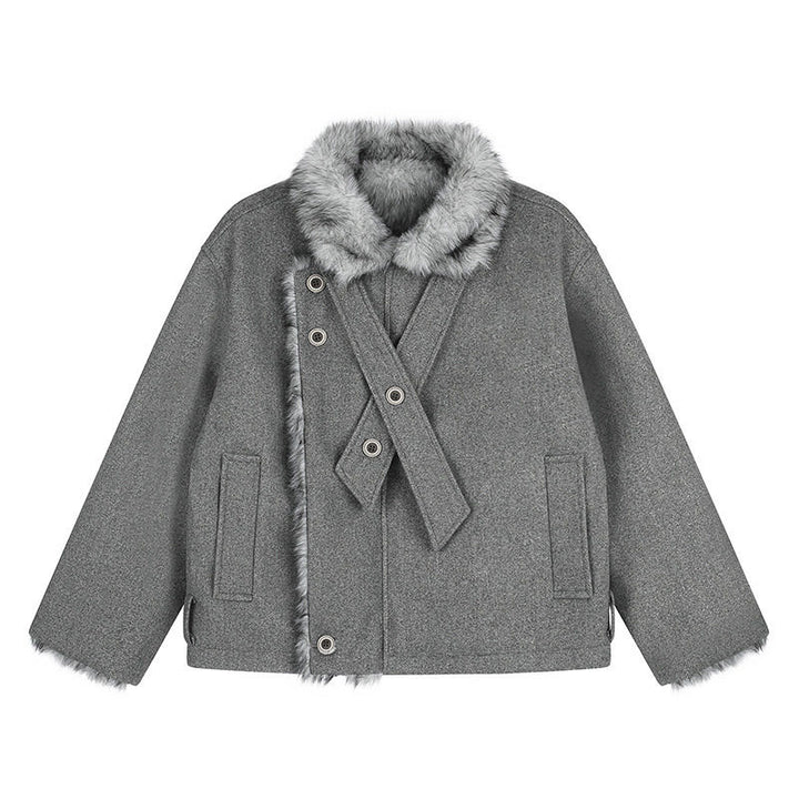 Damen Kurz geschnittene Wolljacke mit Kunstfellbesatz und asymmetrischer Knopfleiste Drune