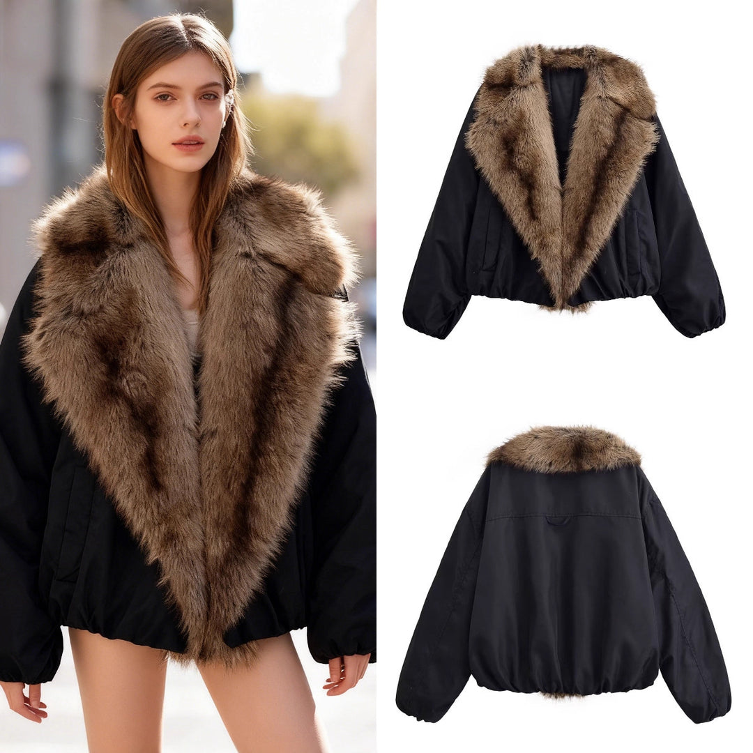Damen Kurze gesteppte Bomberjacke mit voluminösem Faux-Fur-Schalkragen Drune