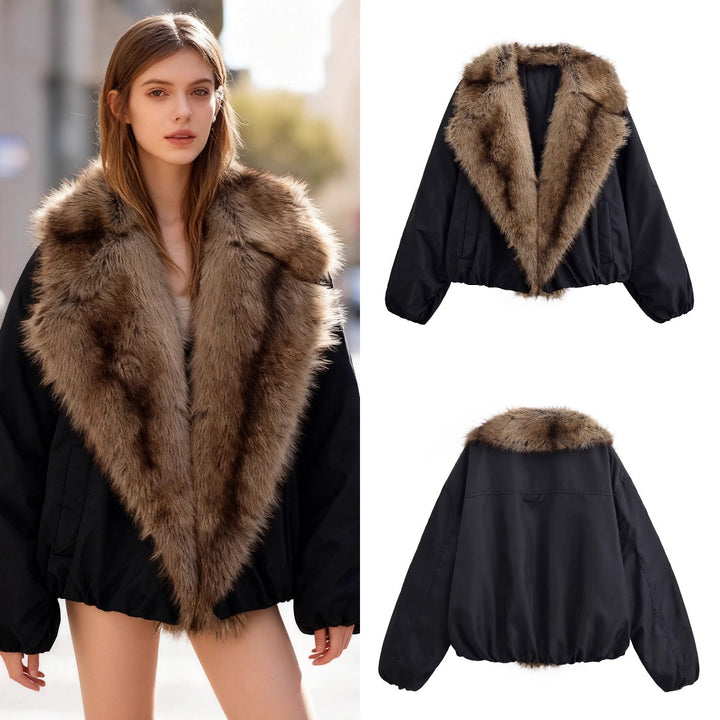 Damen Kurze gesteppte Bomberjacke mit voluminösem Faux-Fur-Schalkragen Drune