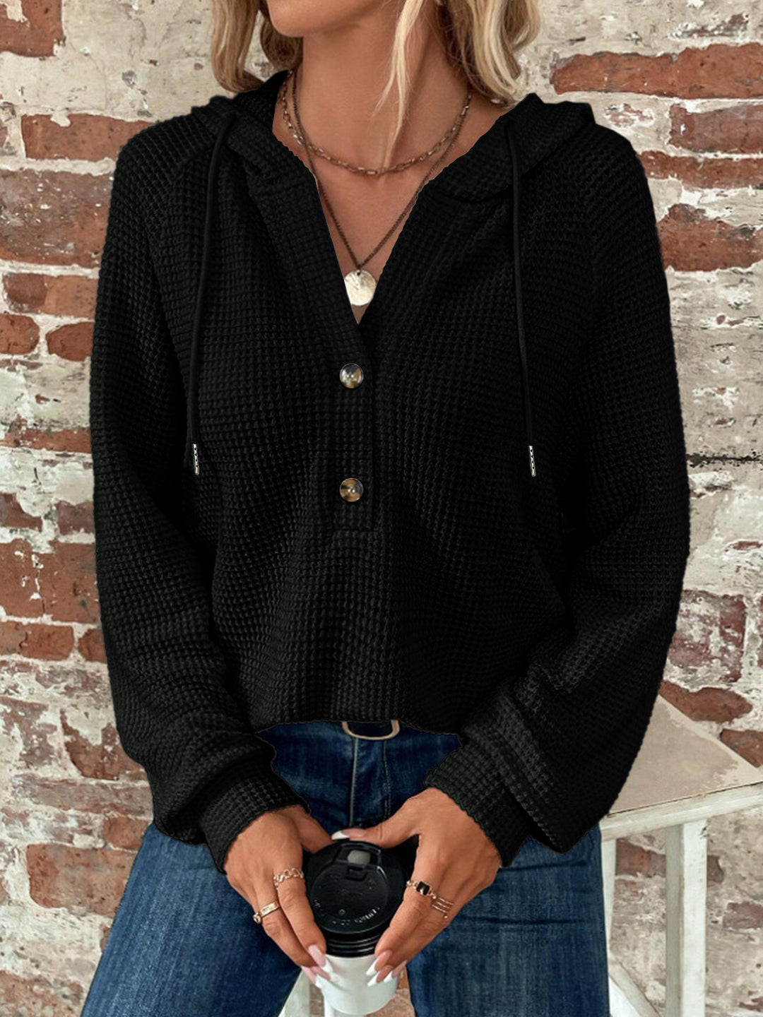 Damen Waffelstrick Kapuzenpullover mit Knopfleiste und Rüschenkragen Drune