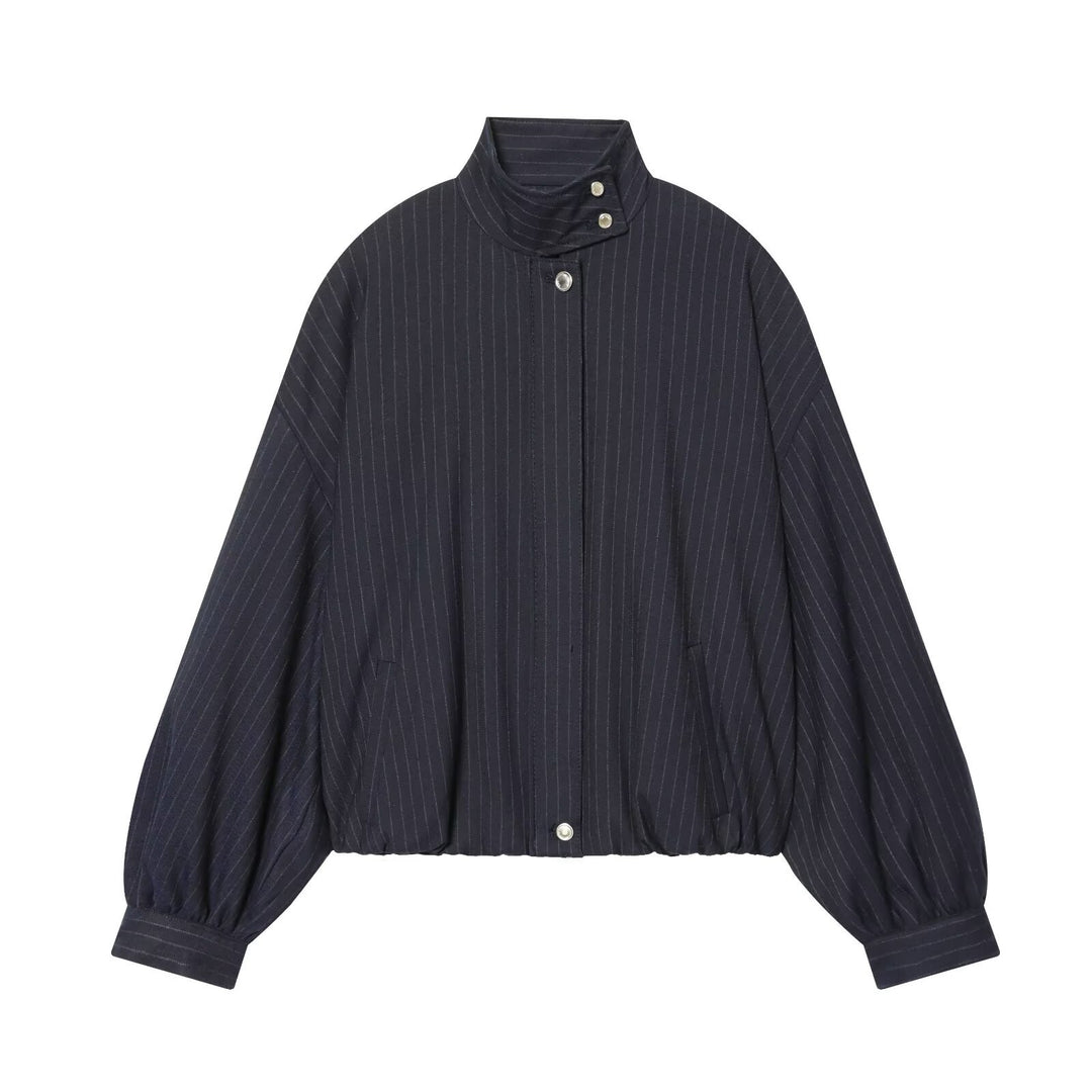 Damen Kurze Nadelstreifen-Blousonjacke mit Stehkragen, Ballonärmeln und elastischem Saum Drune