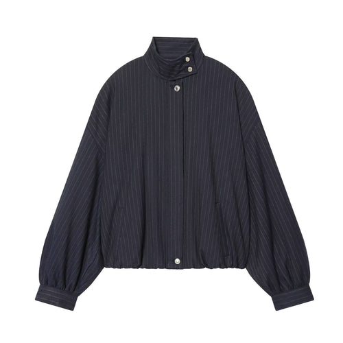 Damen Kurze Nadelstreifen-Blousonjacke mit Stehkragen, Ballonärmeln und elastischem Saum Drune