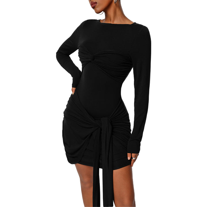 Damen figurbetontes Minikleid mit asymmetrischer Knotendrapierung, taillierter Raffung und langem Ärmelschal Drune