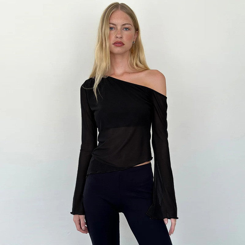 Damen asymmetrisches Langarmshirt mit transparenten Ärmeln und figurbetonter Silhouette Drune