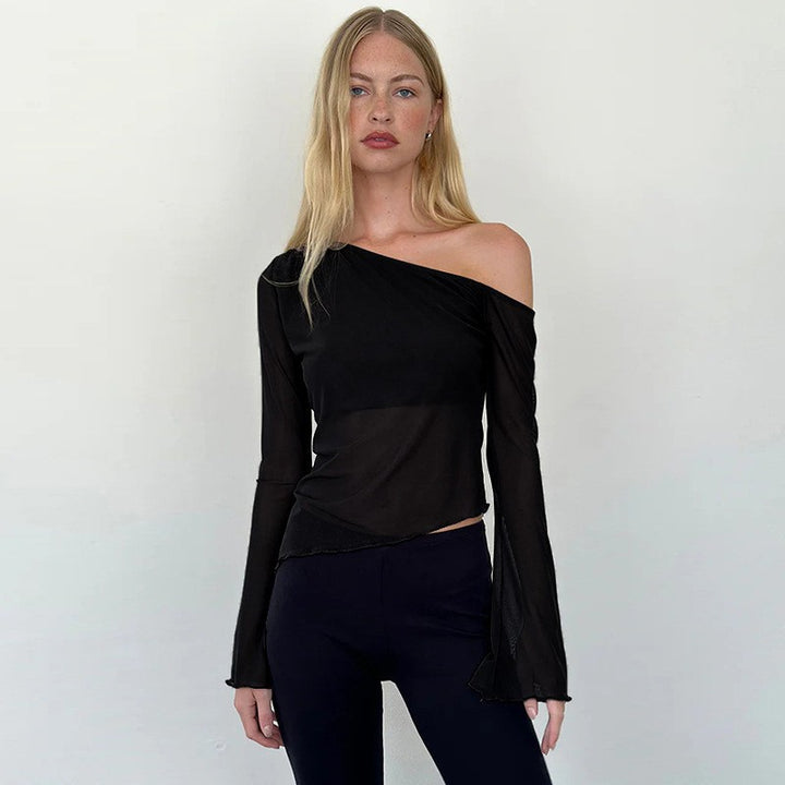Damen asymmetrisches Langarmshirt mit transparenten Ärmeln und figurbetonter Silhouette Drune