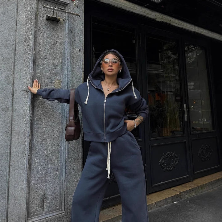 Damen Zweiteiliges Loungewear-Set mit kurz geschnittener Zip-Kapuzenjacke und weitem High-Waist-Jogger Drune