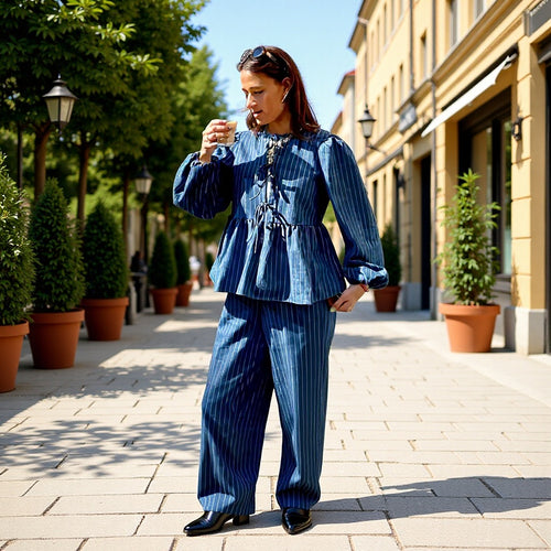 Damen Gestreifte Peplum‑Bluse mit vorderer Schnürung und langen Ballonärmeln Drune