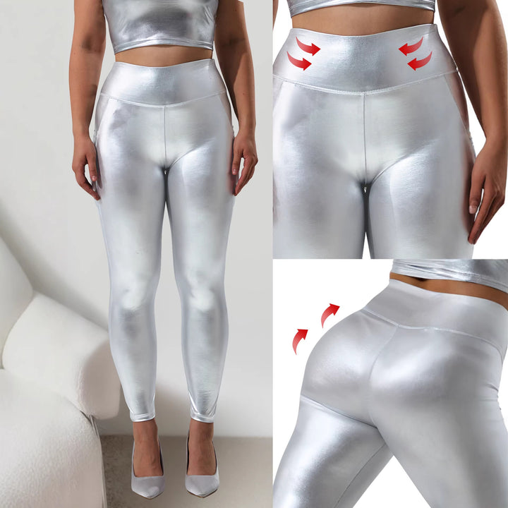 Damen Glänzende High‑Waist Capri-Leggings mit Smartphone-Seitentasche Drune