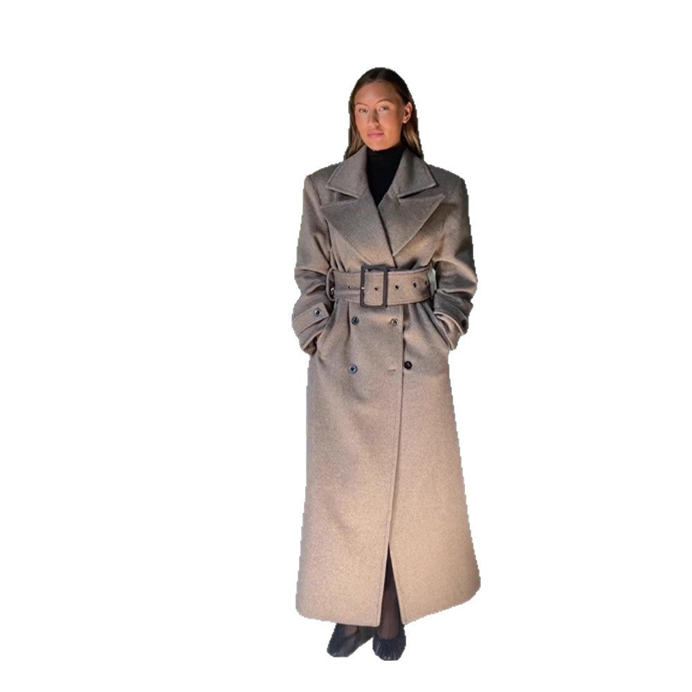 Damen Maximaler Wollmantel mit doppelreihiger Knopfleiste und breitem Taillengürtel Drune