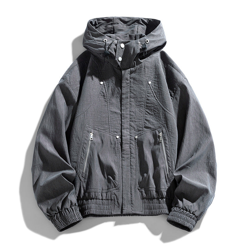 Herren Oversize Canvas-Utility-Kapuzenjacke mit versteckter Druckknopfleiste und Reißverschlusstaschen Drune