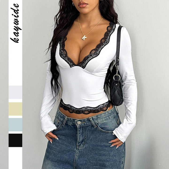 Damen nan elegantes Spitzen-Longsleeve-Crop-Top mit tiefem V-Ausschnitt und figurformender Passform Drune