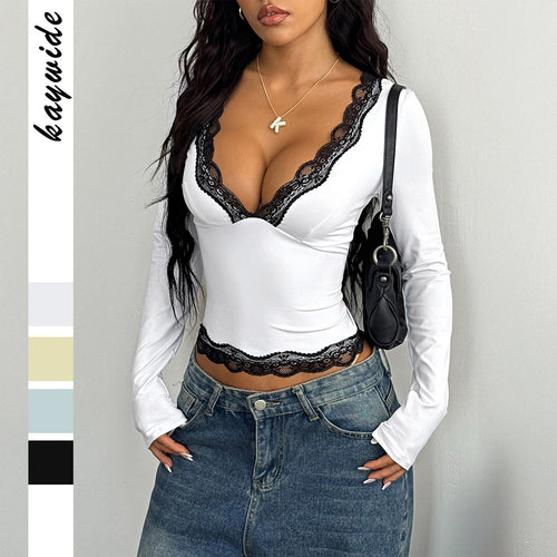 Damen nan elegantes Spitzen-Longsleeve-Crop-Top mit tiefem V-Ausschnitt und figurformender Passform Drune