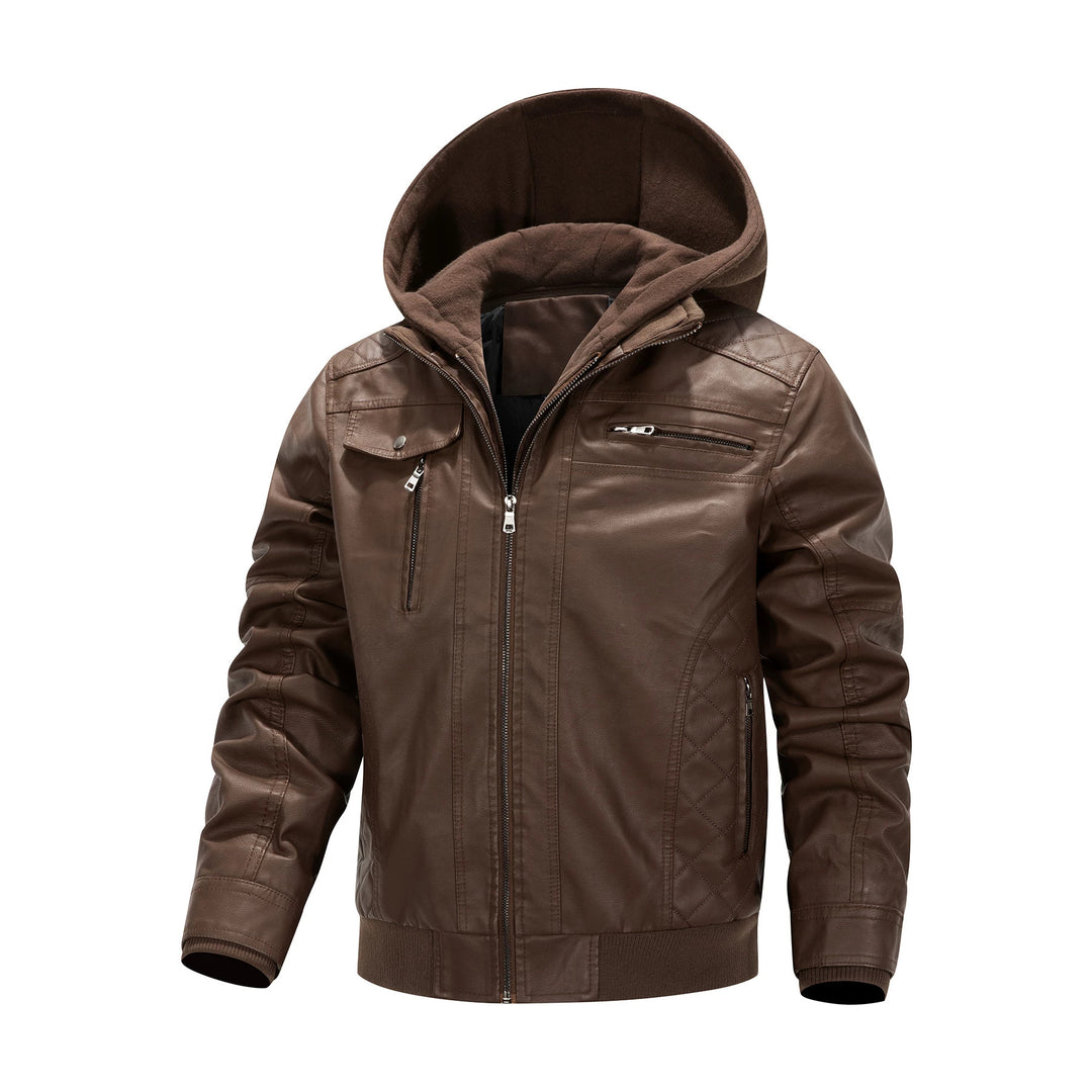 Herren Kunstleder-Bikerjacke mit abnehmbarer Kapuzenblende und gesteppter Seitenpartie Drune