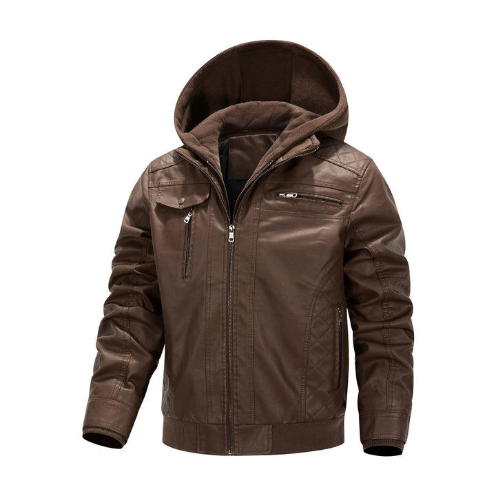 Herren Kunstleder-Bikerjacke mit abnehmbarer Kapuzenblende und gesteppter Seitenpartie Drune