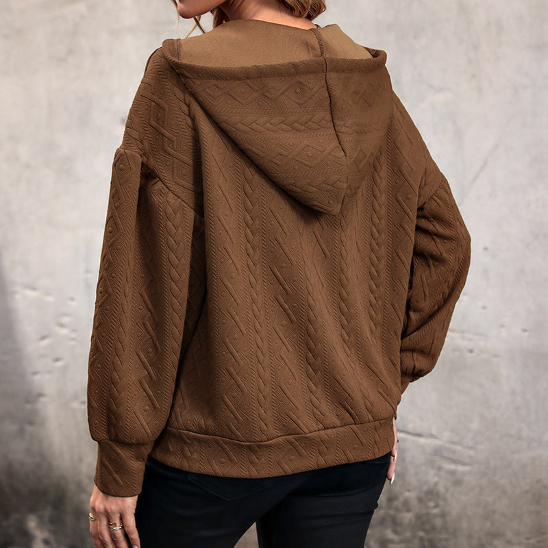 Damen Strukturiertes Zopfmuster-Kapuzen-Sweatshirt mit V-Ausschnitt und Ballonärmeln Drune