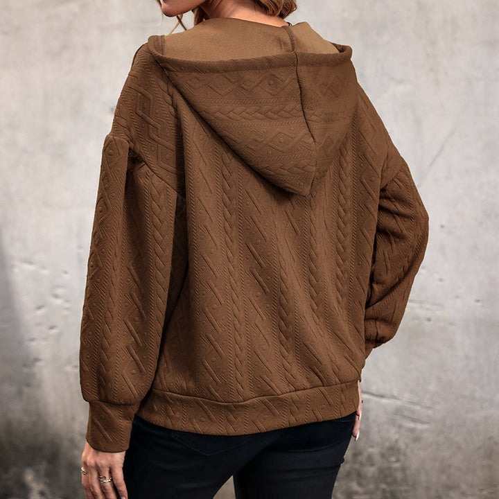 Damen Strukturiertes Zopfmuster-Kapuzen-Sweatshirt mit V-Ausschnitt und Ballonärmeln Drune