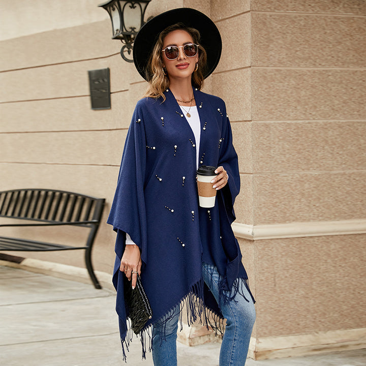 Damen Eleganter bestickter Wollmix-Poncho‑Cape mit Perlenbesatz Drune