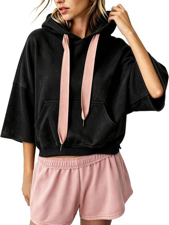 Damen Cropped Kapuzenpullover mit 3/4-Ärmeln und Kängurutasche Drune